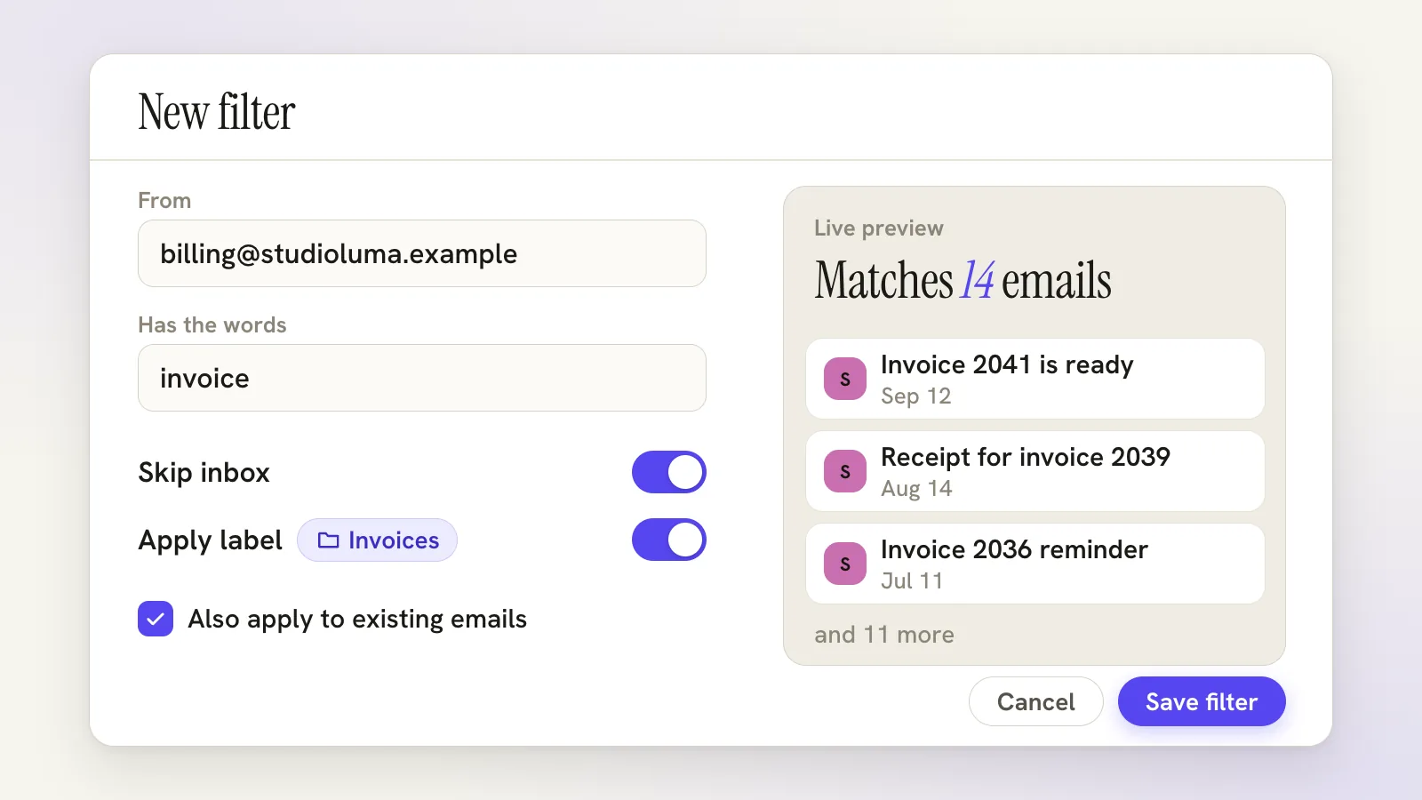 The new filter builder with conditions on the left and a live preview of matching mail on the right.