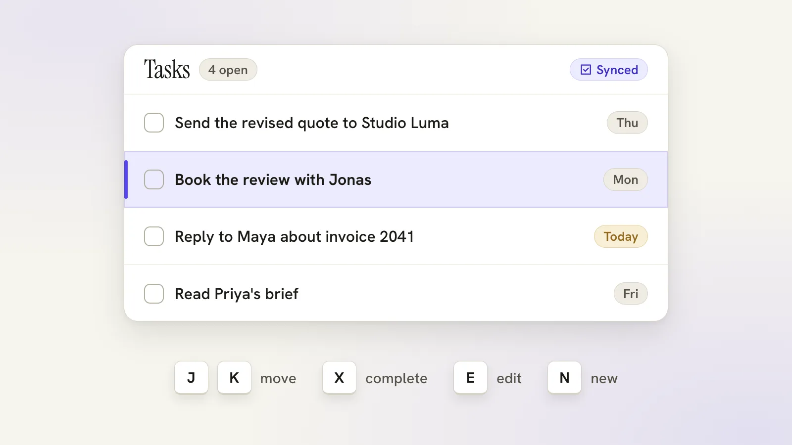 The Otto task list with a keyboard cursor on one task and small key hints for J, K, X, E and N.